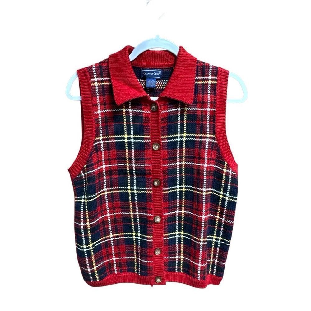 Charter Club Womens Red Plaid Sweater Vest Size Medium